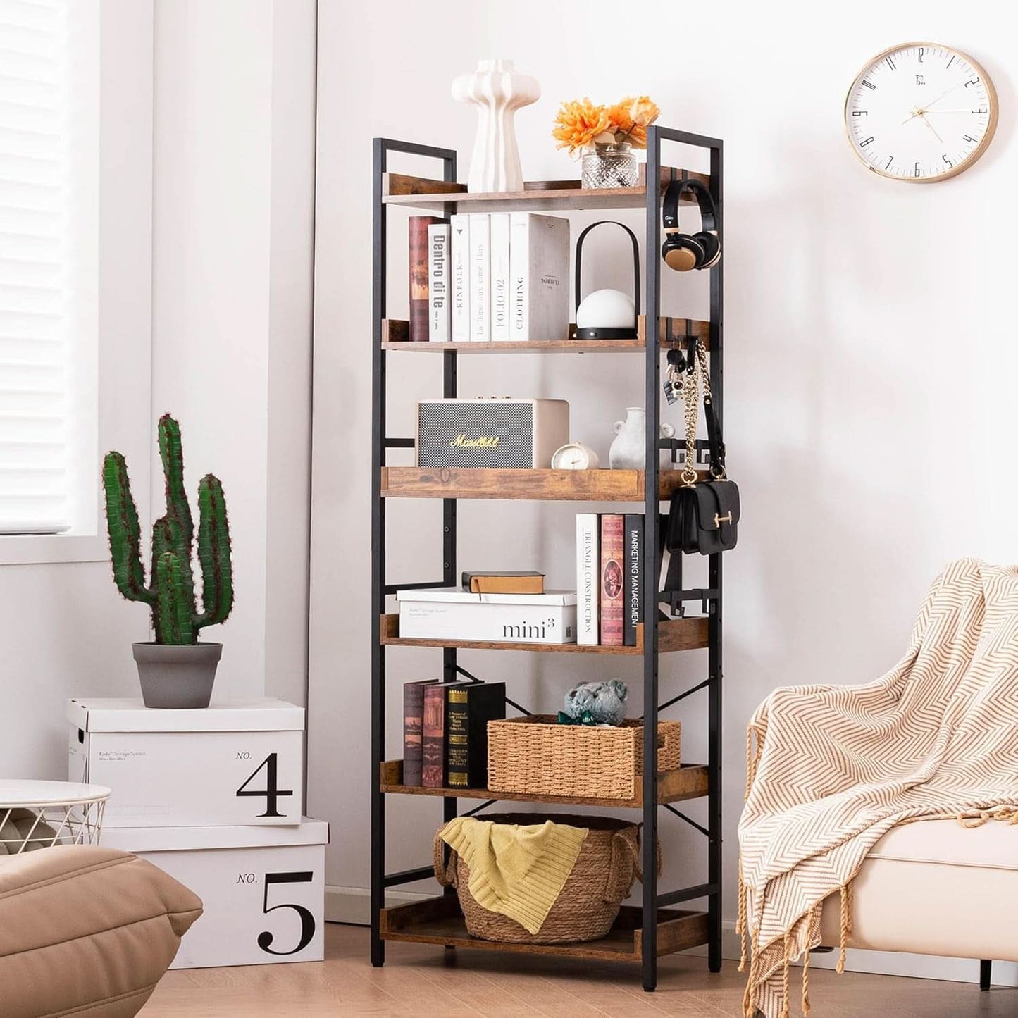 Adjustable Six Tier Industrial Wood Black Metal Bookcase