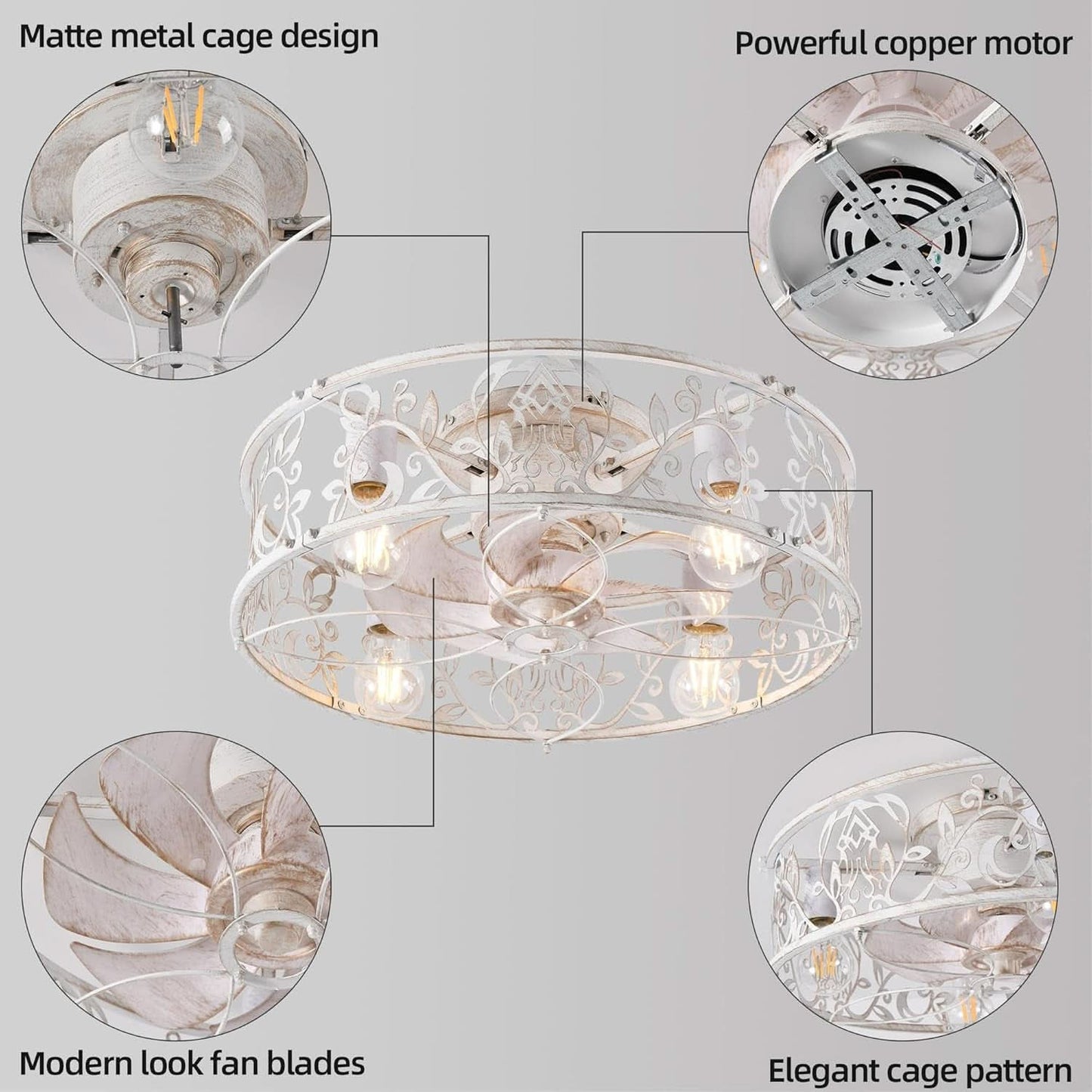 20 Inch Caged Ceiling Fan With Light White Gold Remote