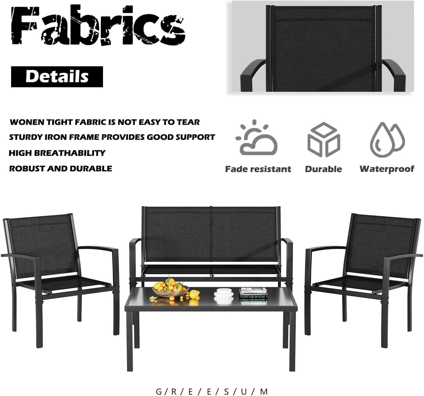 4 Piece Black Patio Furniture Set Outdoor Lounge Chairs
