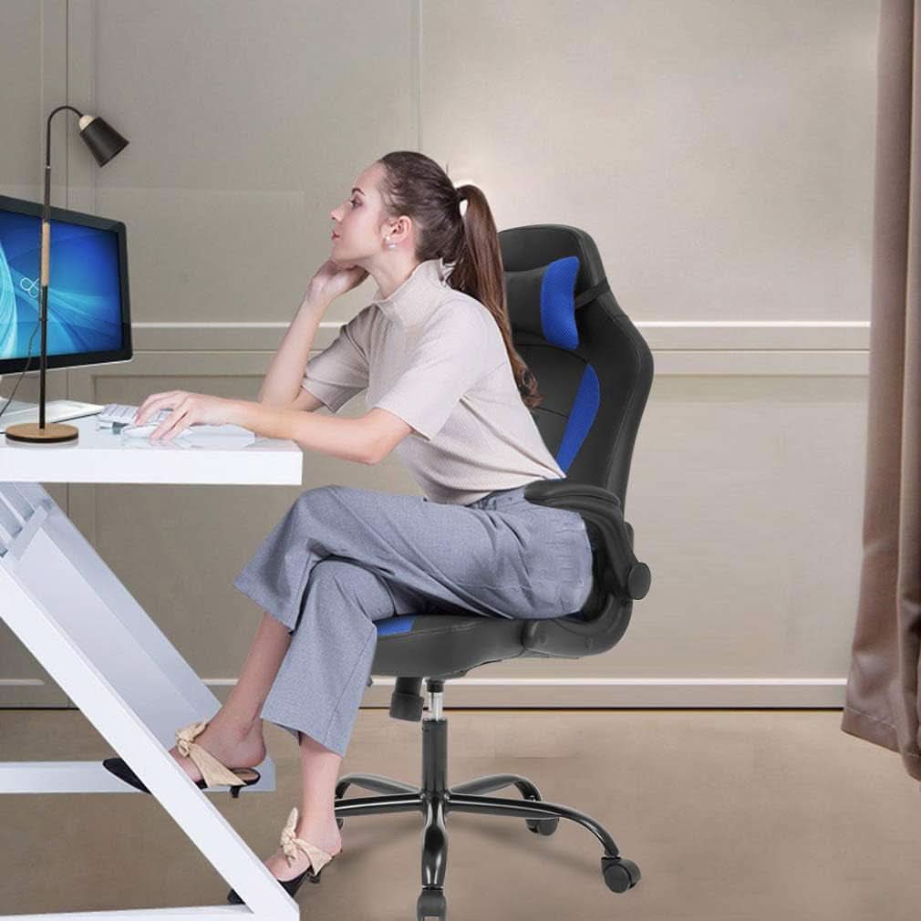 Blue PU Leather Ergonomic Gaming Chair With Lumbar Support