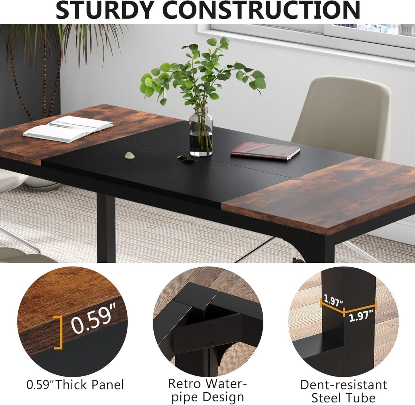 63 Inch Executive Desk Two Tone Brown Black Heavy Duty Frame