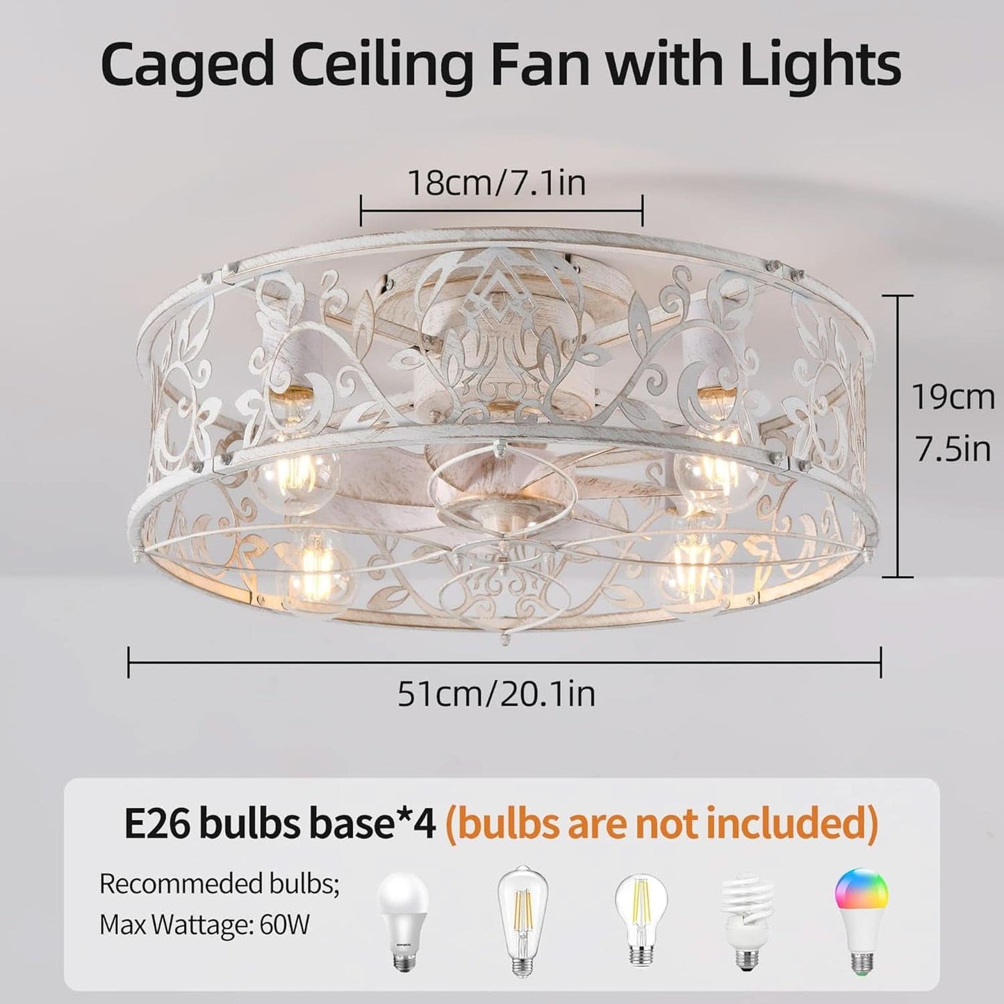 20 Inch Caged Ceiling Fan With Light White Gold Remote