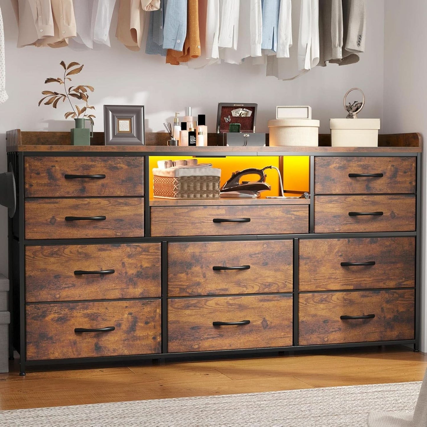 Dresser With 11 Drawers And LED Lights For Bedroom