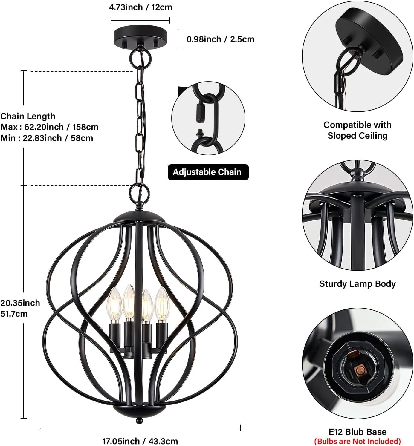 Black Four Light Geometric Pendant Chandelier Dining Room