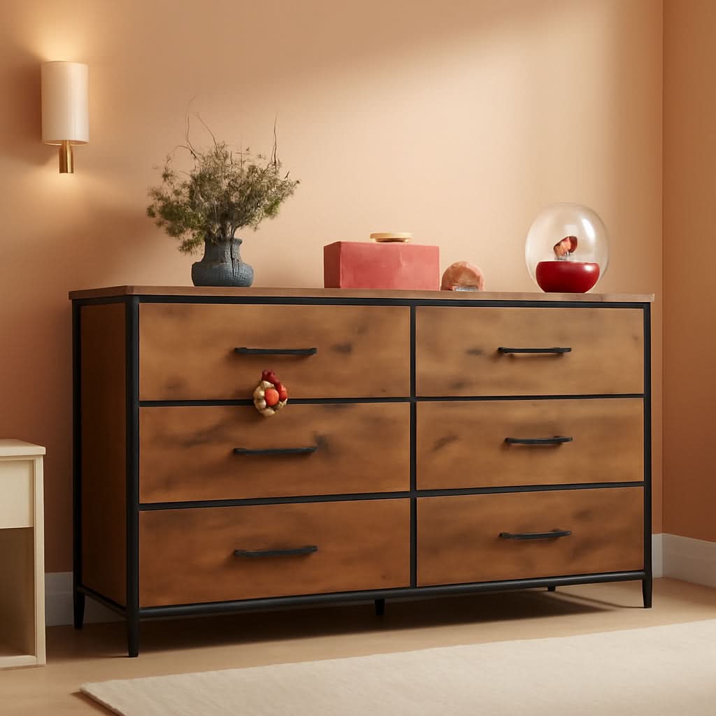 Wide Fabric Dresser TV Stand With 6 Drawers Rustic Brown