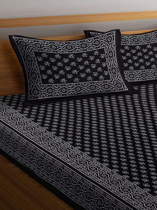 Rajasthan Decor Black & White Ethnic Motifs 144 TC Cotton 1 Queen Bedsheet with 2 Pillow Covers