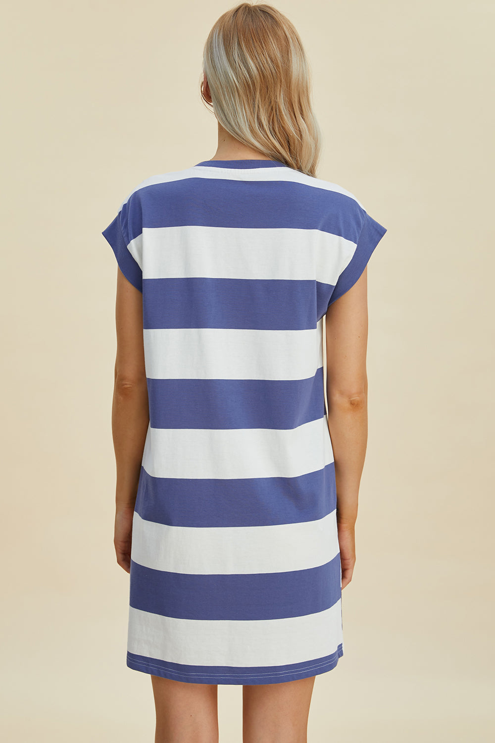 Full Size Striped Round Neck Cap Sleeve Mini Dress For Women – Striped Mini Dress, Full-Size Round Neck Dress, Comfortable Cap Sleeve Dress, Chic Striped Dress, Flattering Mini Dress, Casual Everyday Dress, Versatile Striped Dress