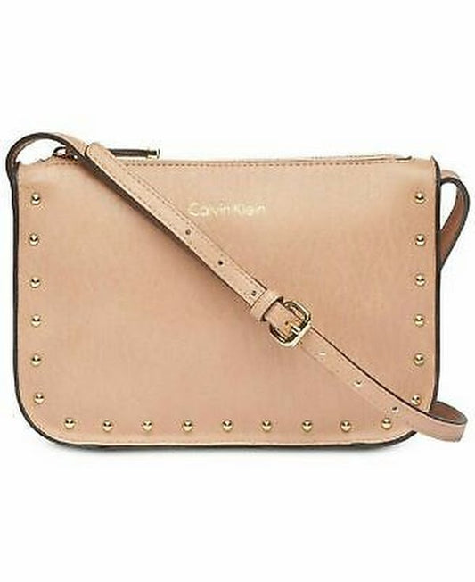 Calvin Klein Cashew Tan Crossbody Shoulder Bag Studs Top Zip Medium