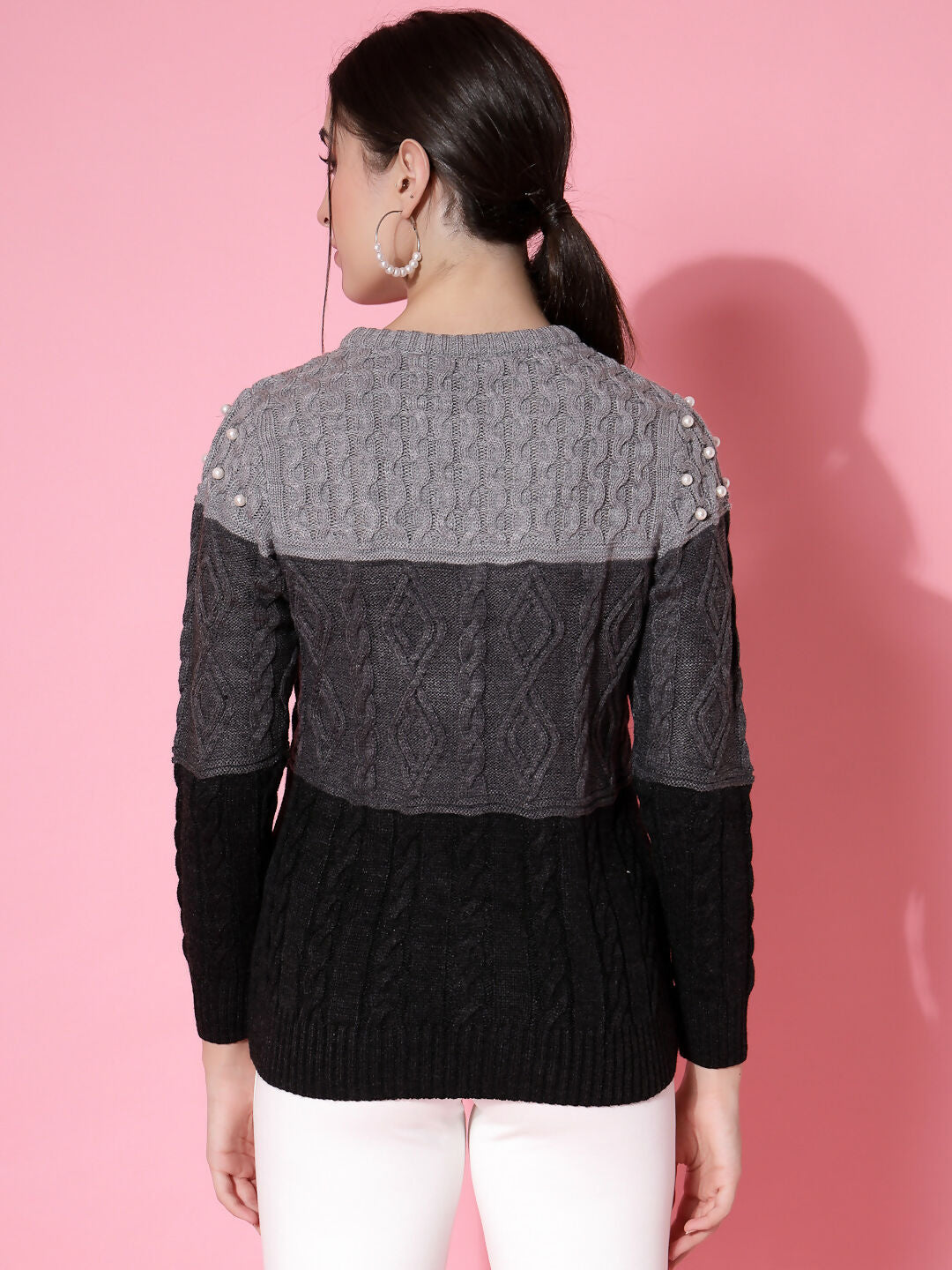 Women Color Block Winter Charcoal Acrylic Sweater - Wool Trees