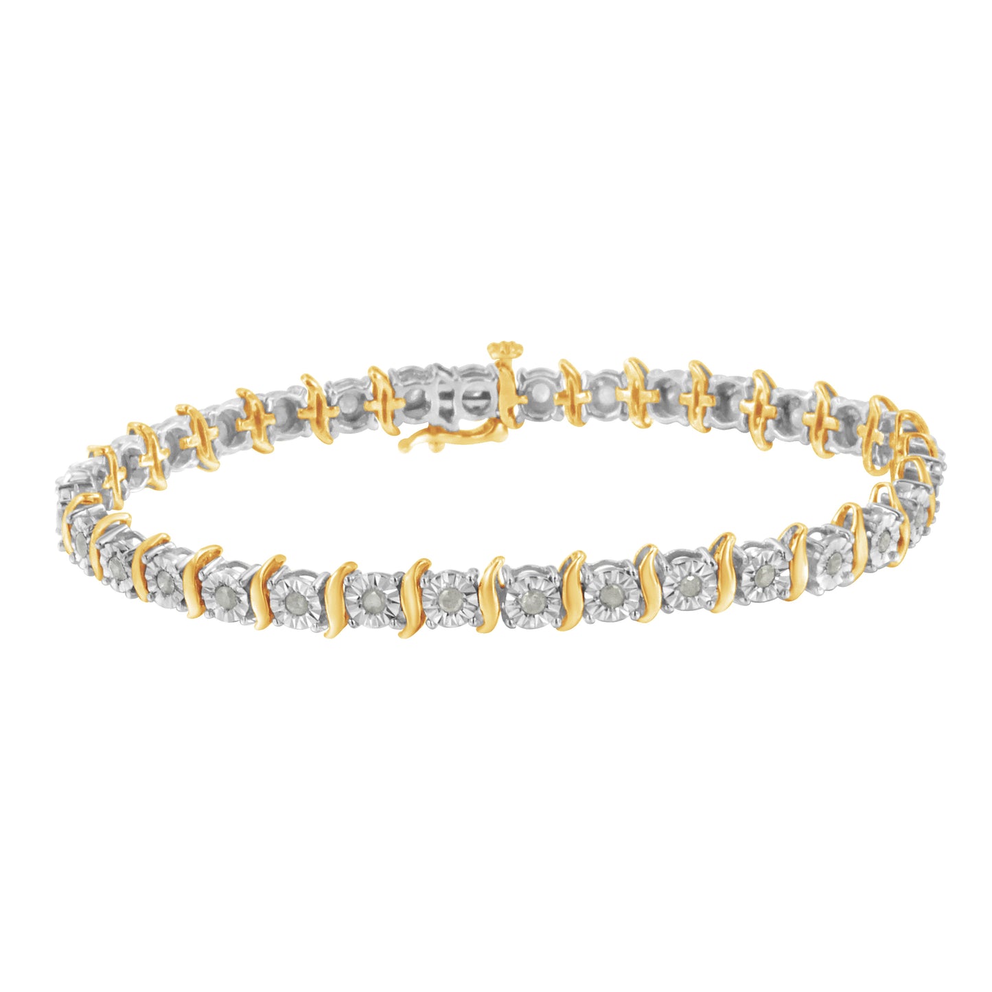 Two-Tone 10K Yellow Gold over .925 Sterling Silver 1.0 Cttw Diamond S-Curve Link Miracle-Set Tennis Bracelet (I-J Color, I3 Clarity) - 7"