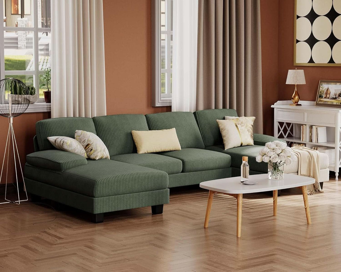 Dark Green Corduroy U Shaped Sectional Sofa 4 Seat Chaise
