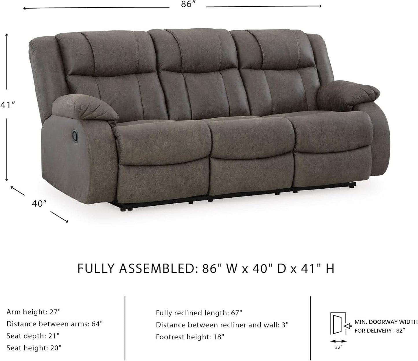 Contemporary Gray Faux Leather Manual Reclining Sofa
