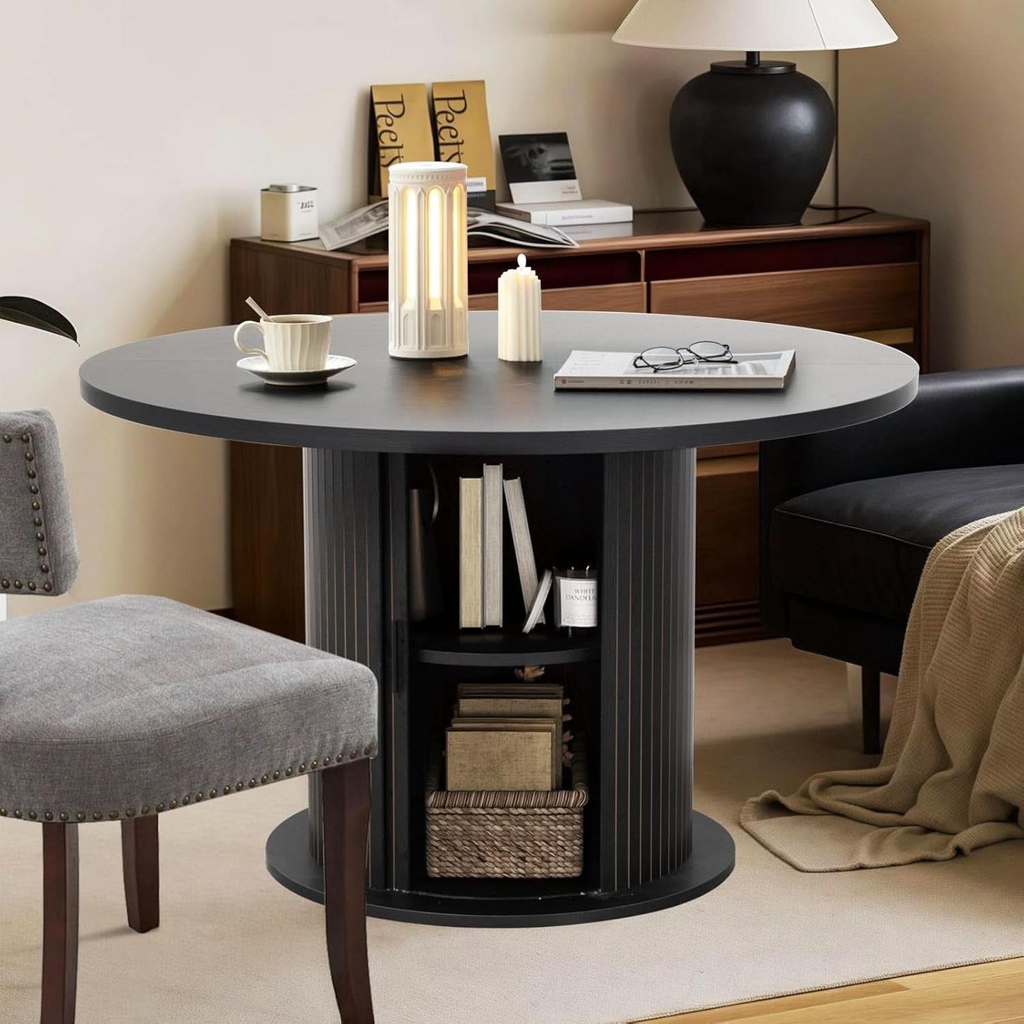 Round Dining Table Featuring Concealed Storage Black