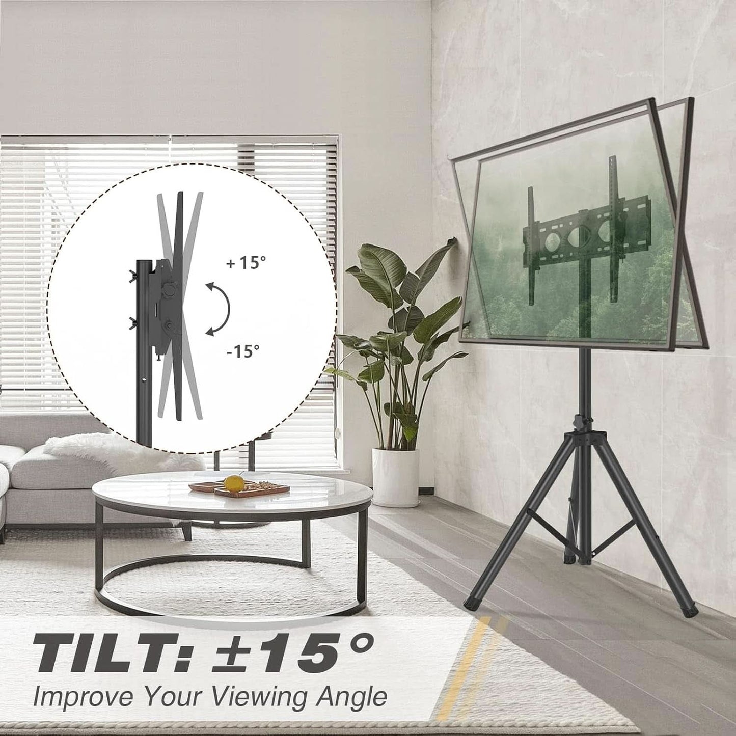 Tripod TV Stand For 23-75 Inch TVs Tilt 15 Degrees