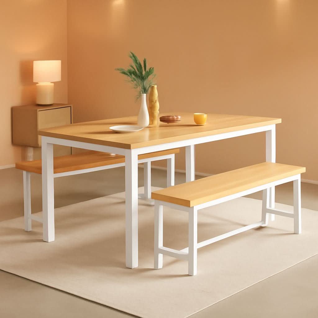 Counter Height Dining Table Set Gold White Benches