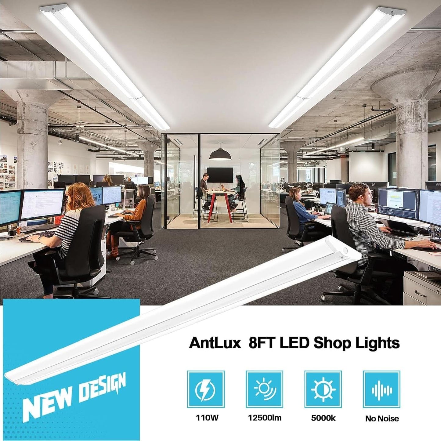 8Ft 110W Slim LED Shop Lights, 4-Pack, Energy Efficient