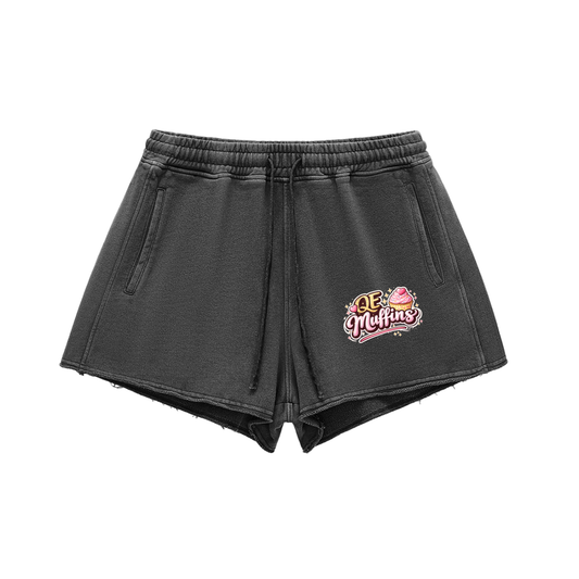 QE Muffins Snow Washed Raw Edge Drawstring Shorts