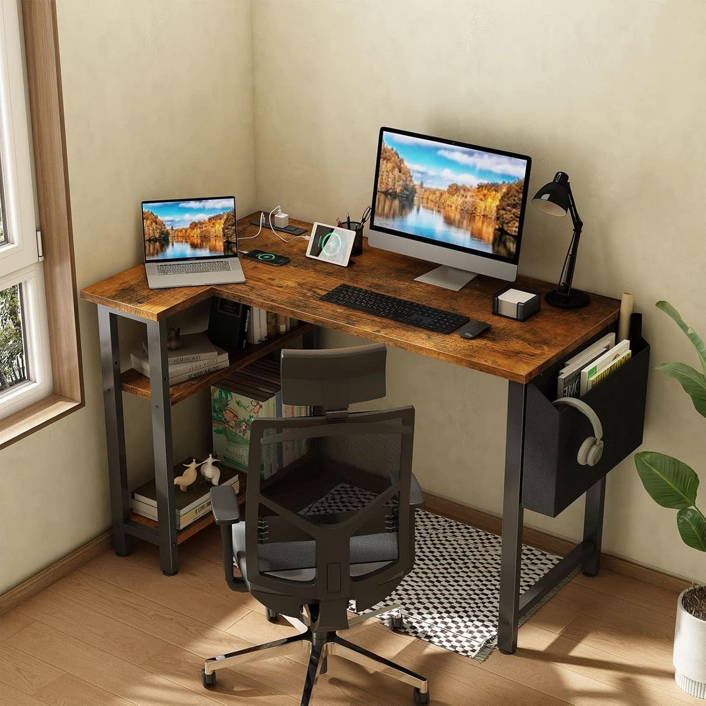 40 Inch L Shaped Desk With Power Outlet And Shelves Rustic Brown