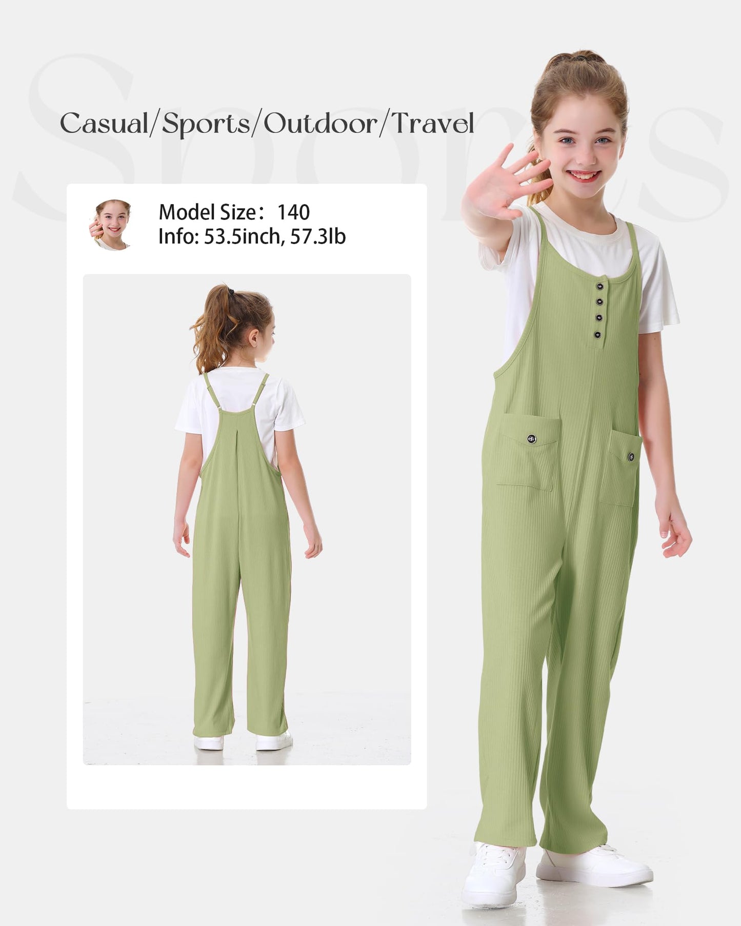 Rolanko Girls Jumpsuit Spaghetti Strap Romper Wide Leg Pockets Green Size 10-11Y