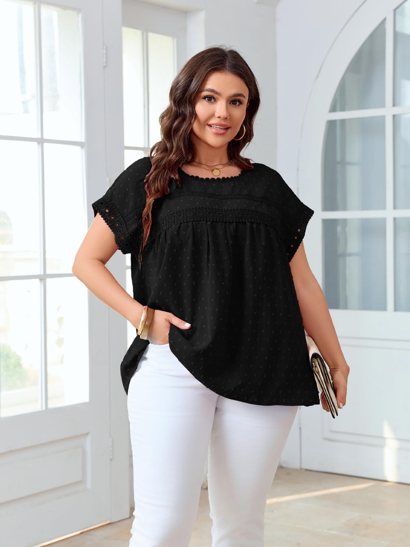 SHESTARR Women's Plus Size Crewneck Lace Crochet Short Sleeve Top Black XL Plus