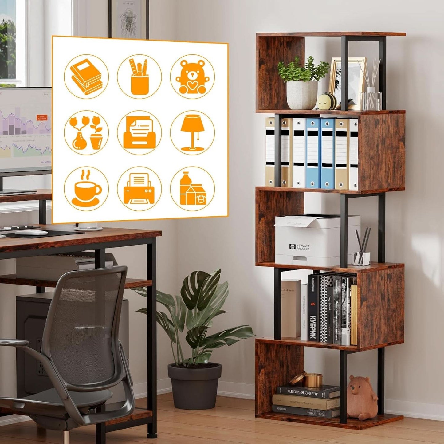 S Shaped 6 Tier Bookshelf Wood And Metal Room Divider