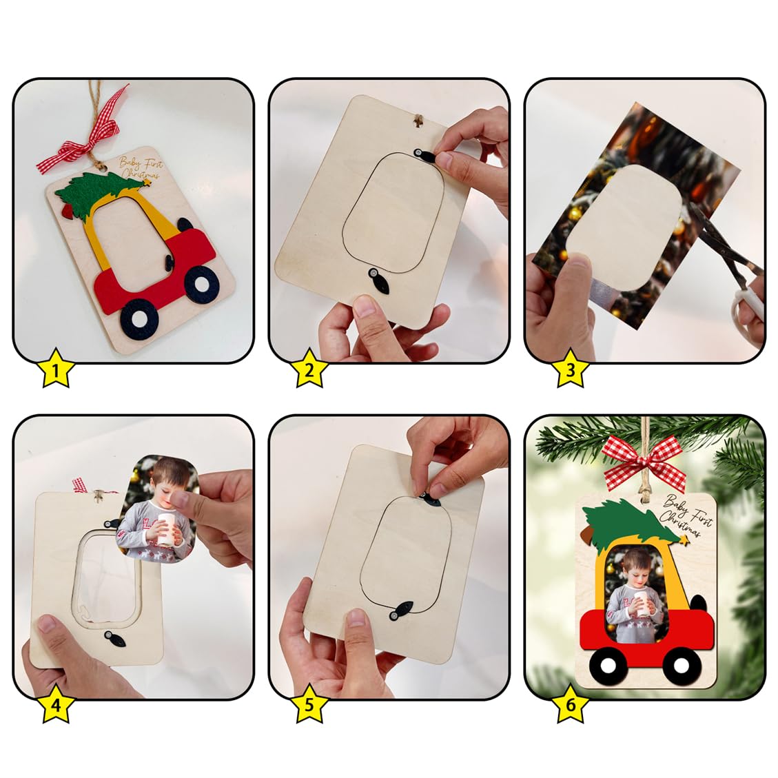 Baby's First Christmas Ornament with Name Wooden Baby 1st Christmas Ornament Picture Frame Car Babys Photo Xmas Tree Ornaments Keepsake for New Mom Dad Birthday