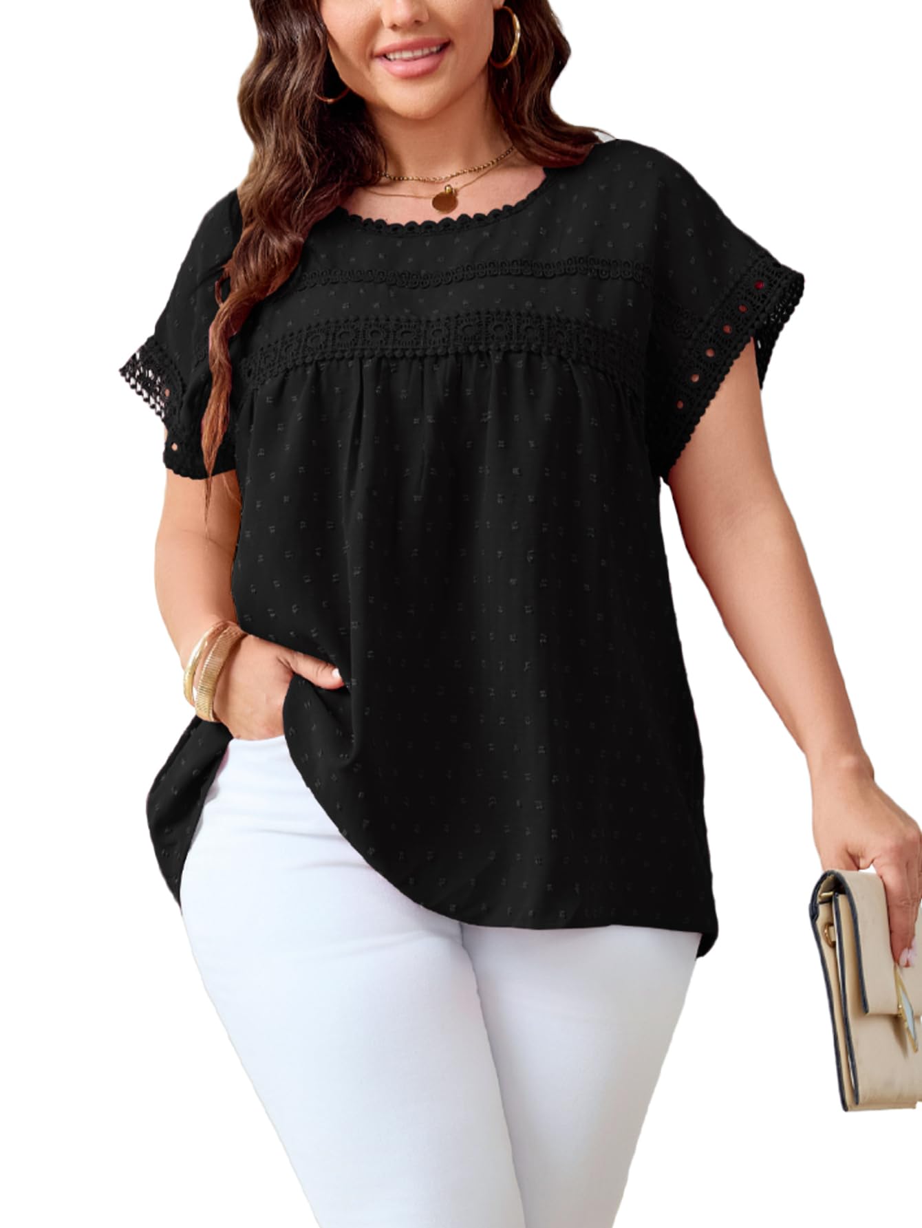 SHESTARR Women's Plus Size Crewneck Lace Crochet Short Sleeve Top Black XL Plus