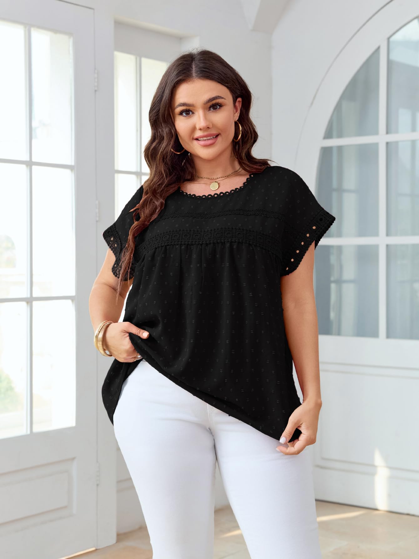 SHESTARR Women's Plus Size Crewneck Lace Crochet Short Sleeve Top Black XL Plus