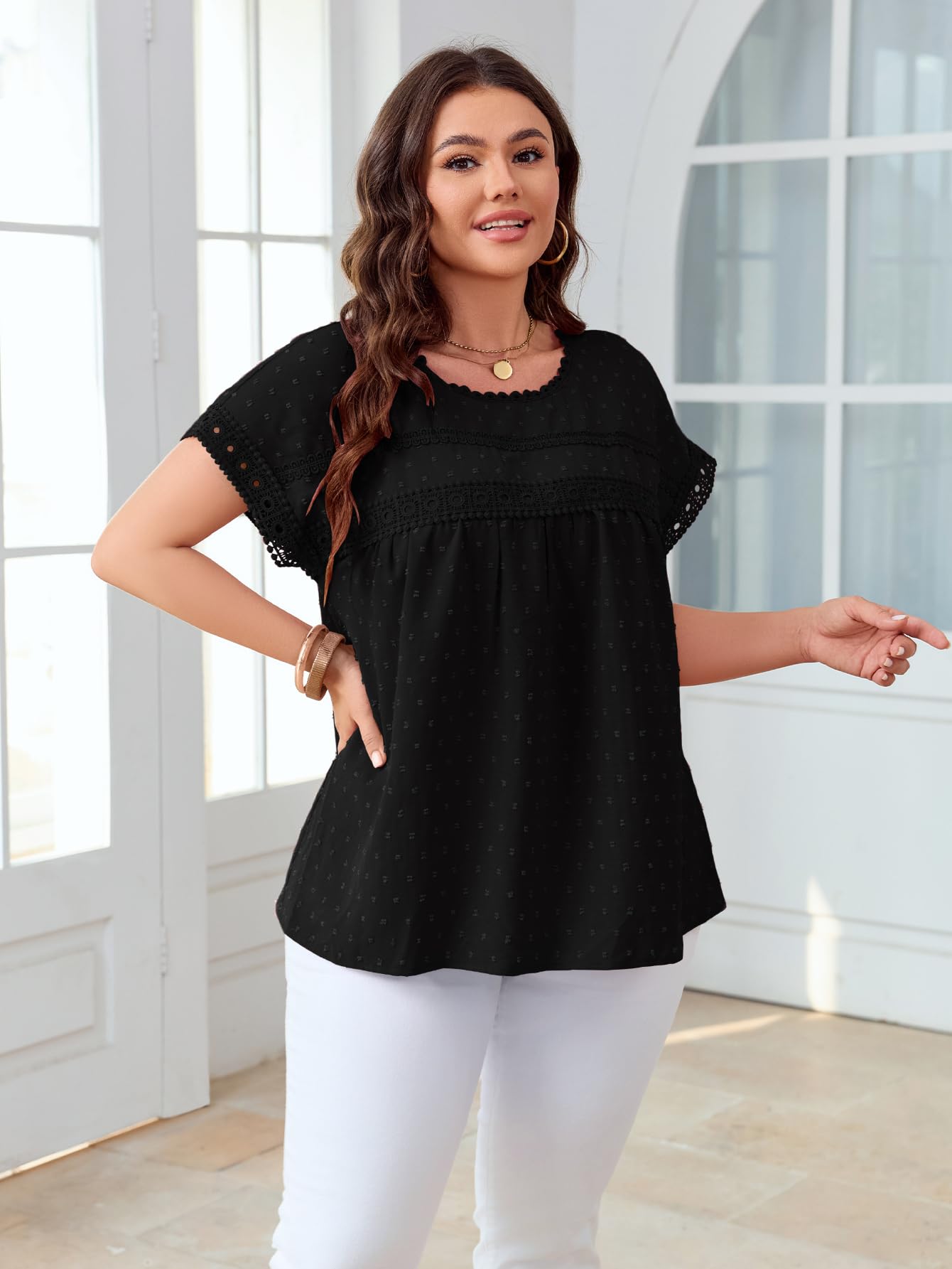 SHESTARR Women's Plus Size Crewneck Lace Crochet Short Sleeve Top Black XL Plus