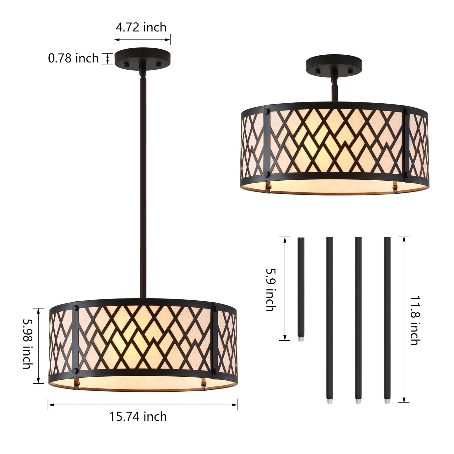 SGLfarmty 15.7in Black Drum Chandelier 3 Light Ceiling Fixture Farmhouse Pendant