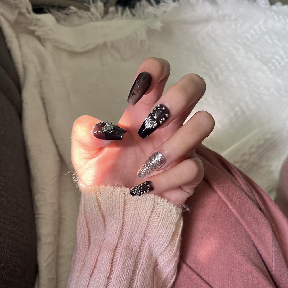 PIVHWIR Press On Nails Reusable Glossy Long 3D Heart Design Fake Nails Stick On Nails-Black (S)