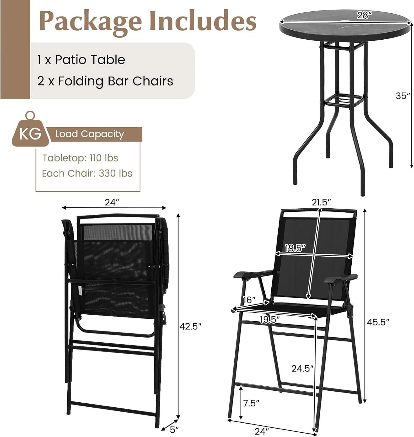 Patio Table And Chairs Set 3 Piece With DPC Tabletop And Folding Counter Height Chairs
