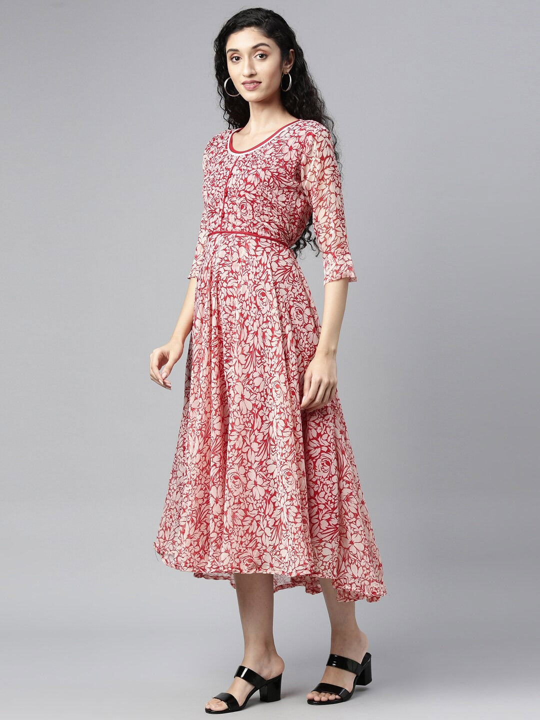 Souchii White & Red Floral Layered Chiffon Midi Dress