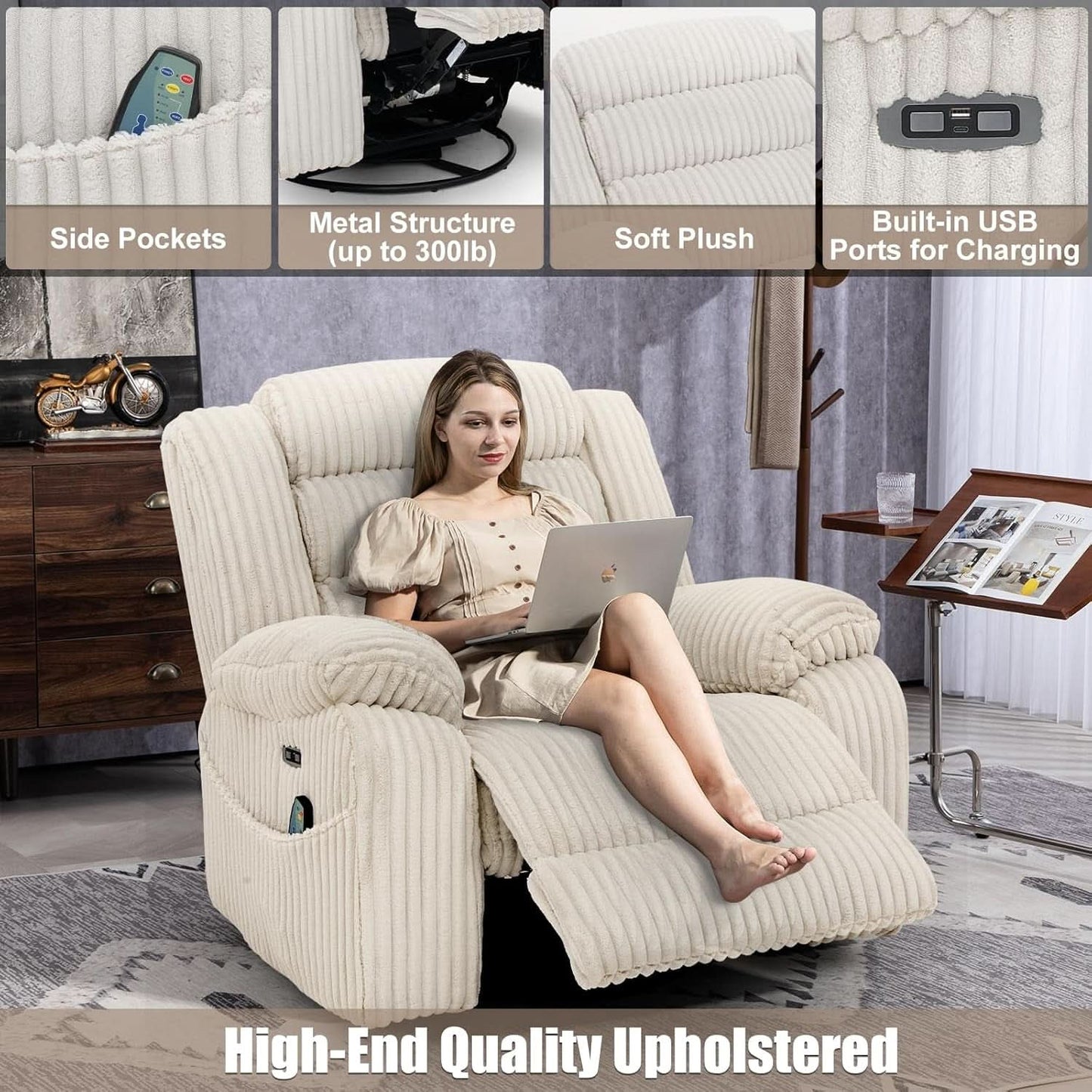 Power Swivel Rocker Recliner Chair With Massage And USB Charging White
