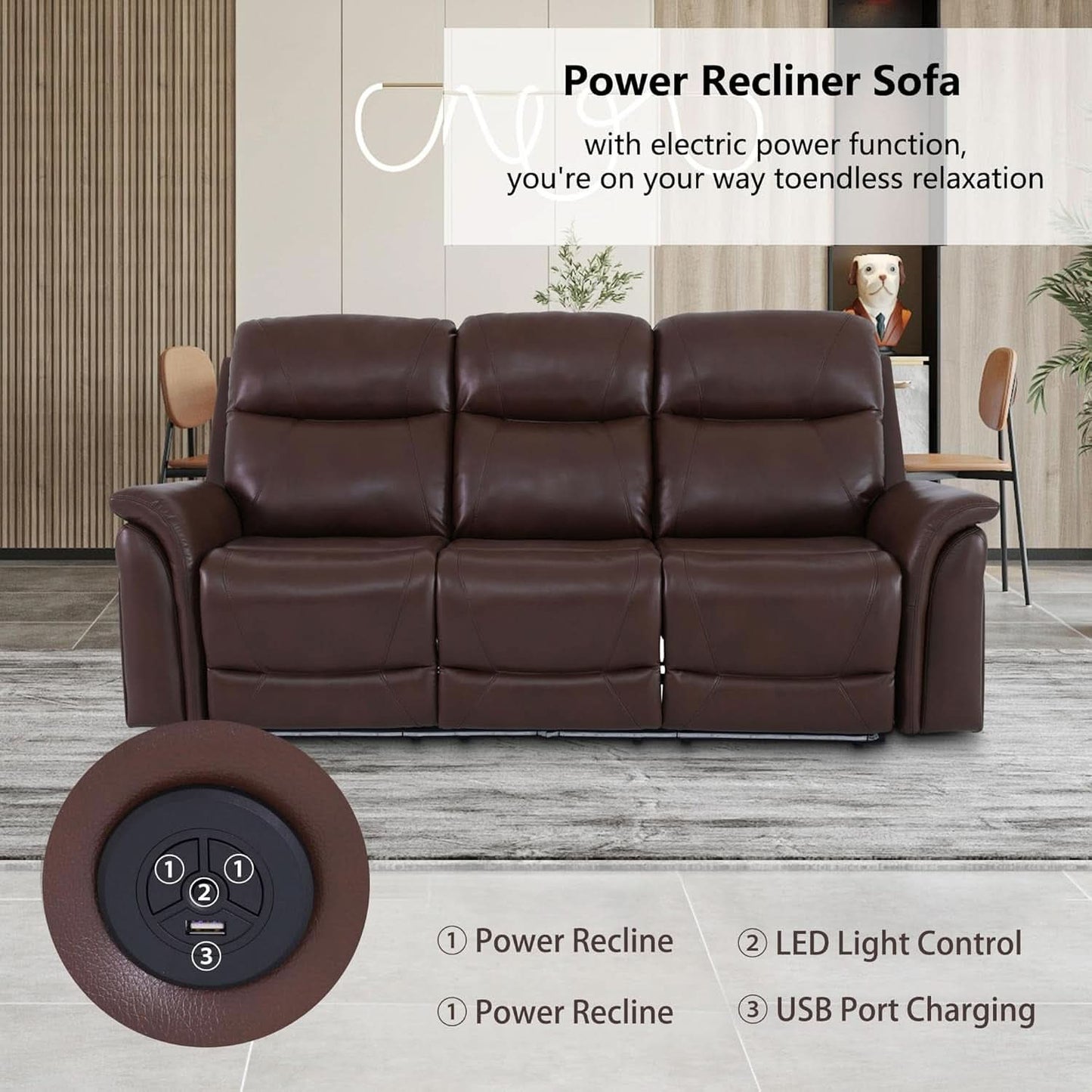 Power Recliner Sofa Set With LED Leather 3 Piece Brown Living Room