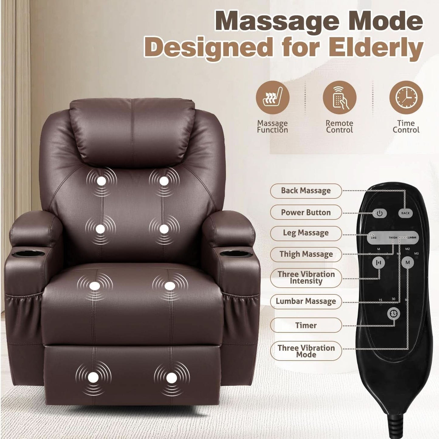 Dark Brown 360 Degree Swivel Recliner Chair With Massage