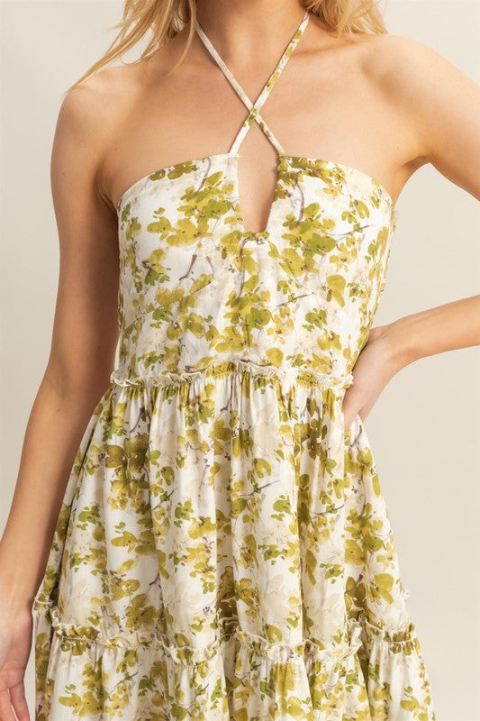 New Summer Floral Print Halter Neck Tiered Mini Dress For Women – Elegant Halter Neckline Dress with Crisscross Detailing and Playful Tiered Skirt