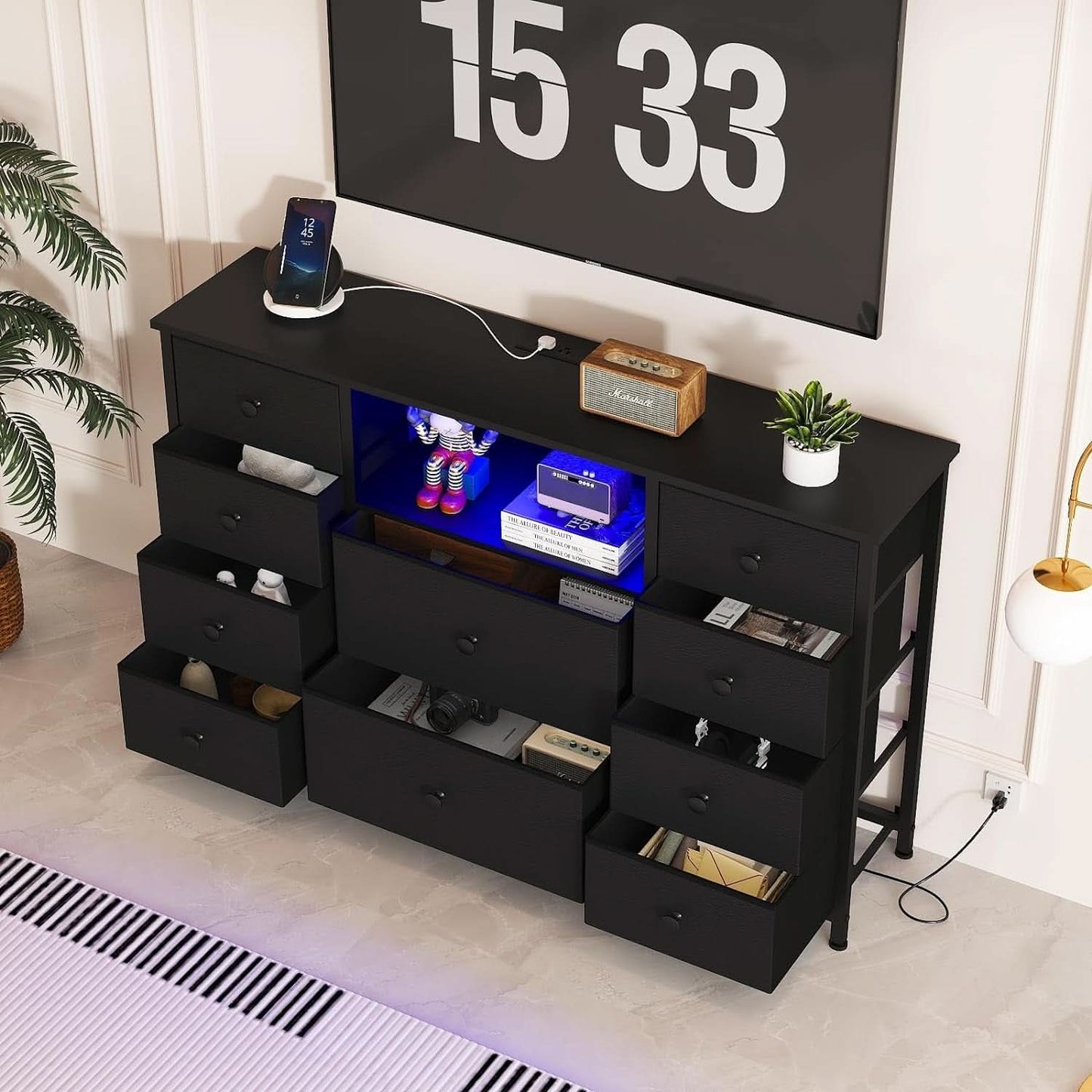 Black Dresser With Charging Station And LED Lights