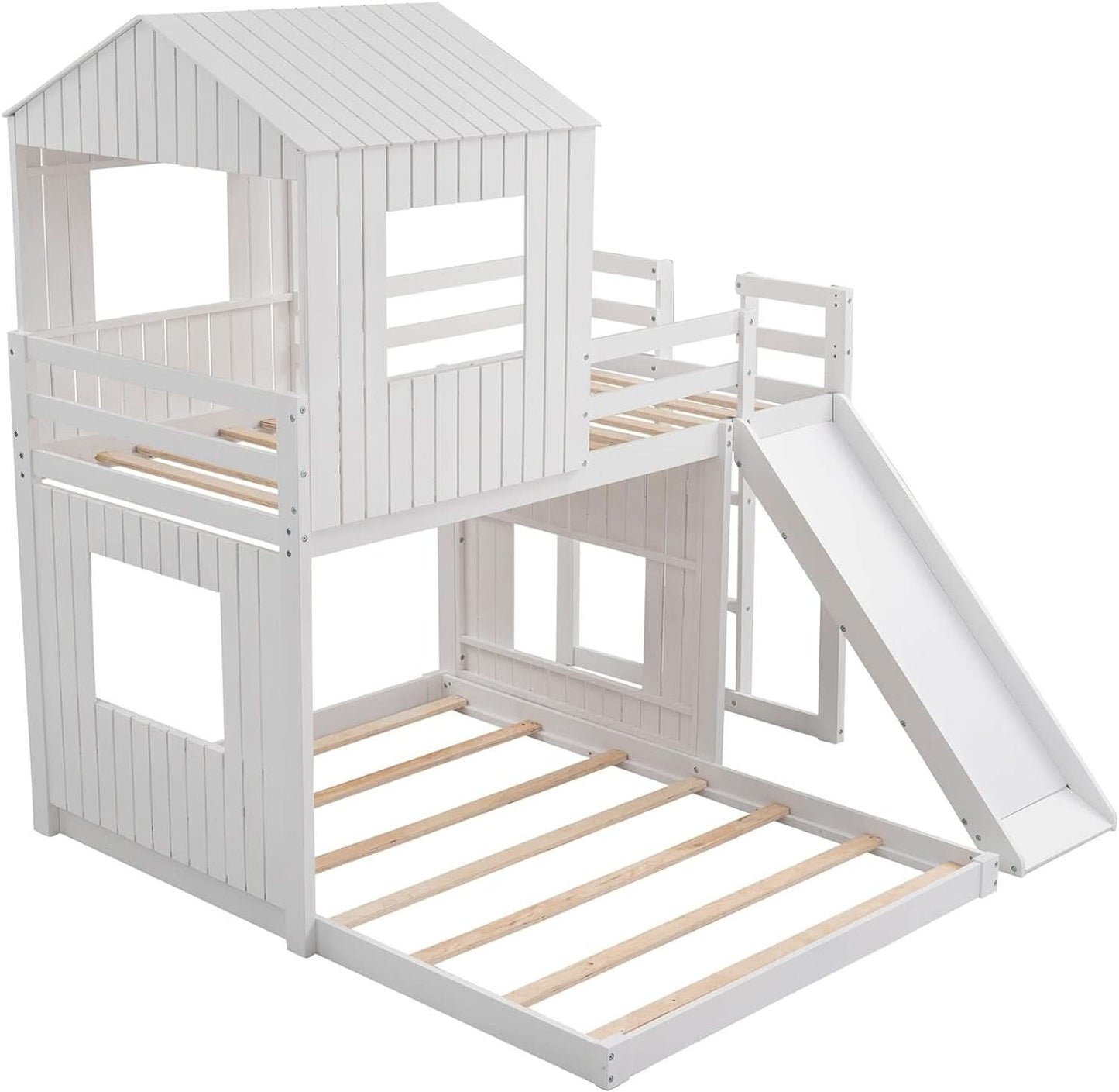 Twin Over Full Bunk Bed With Slide With Guardrails White