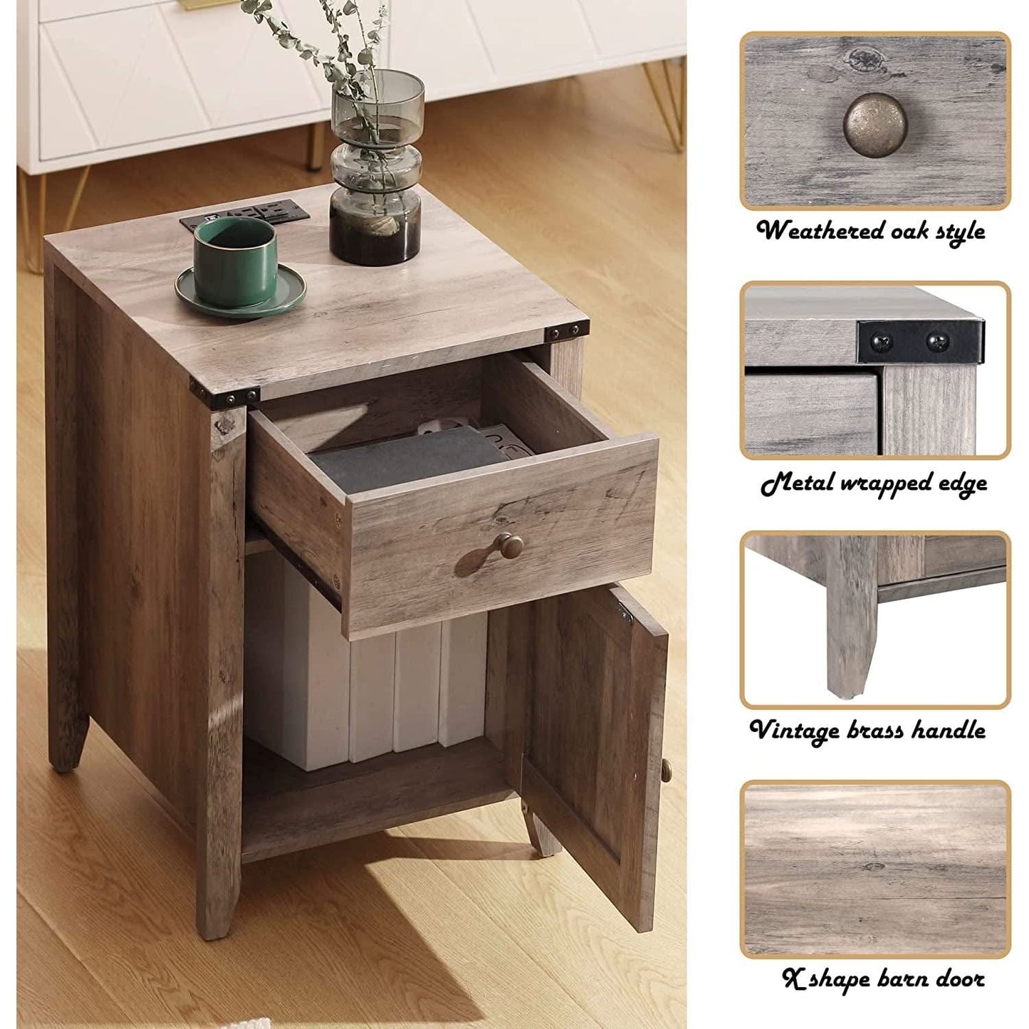 Barnwood Rustic Nightstand With X Shaped Barn Doors Grey