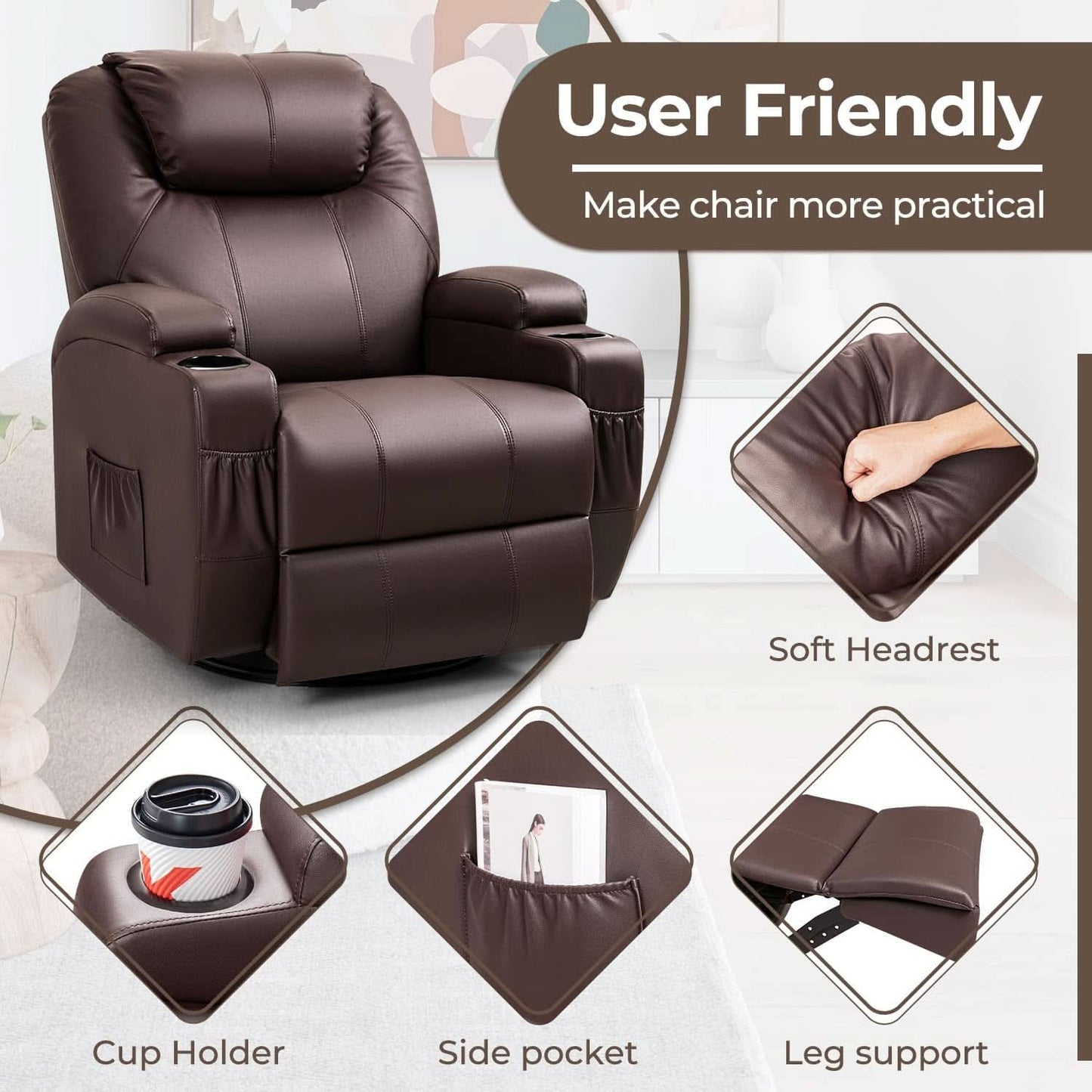 PU Leather Recliner Chair With Massage And Heat Brown