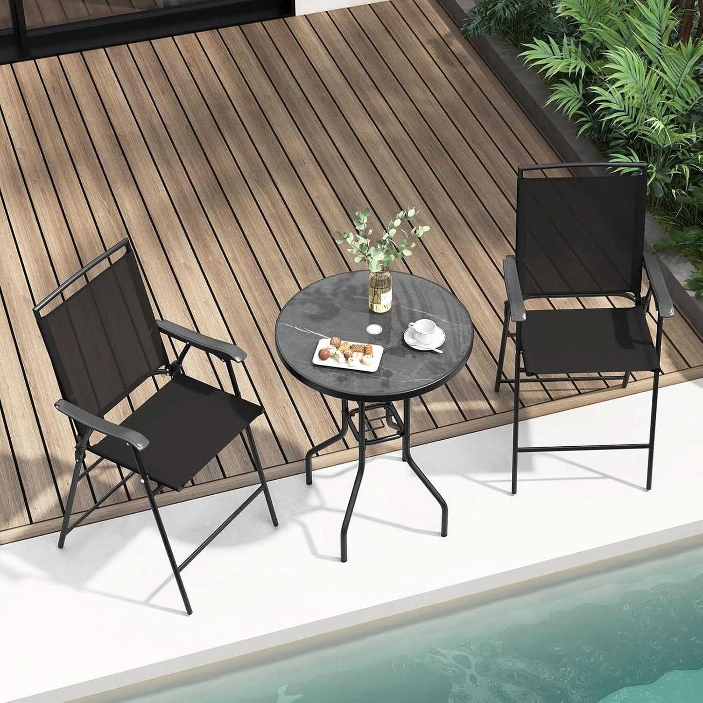 Patio Table And Chairs Set 3 Piece With DPC Tabletop And Folding Counter Height Chairs