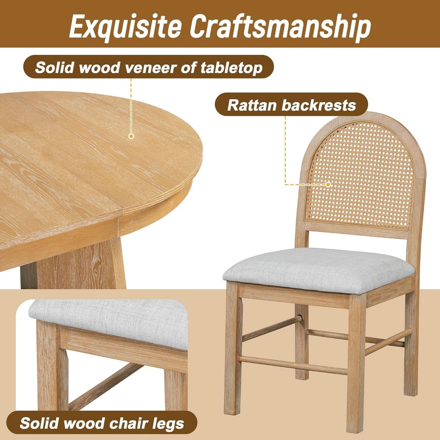 Retro Solid Wood Dining Set Natural Finish Extendable