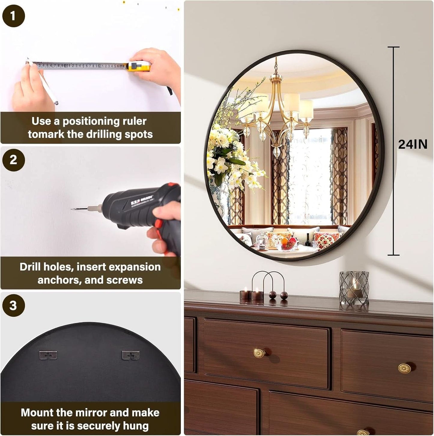 24 Inch Matte Black Round Wall Mirror For Bathroom Vanity And Living Room Decor
