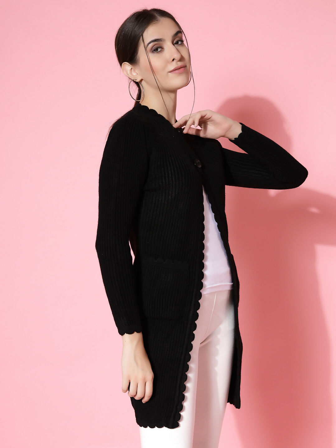 Women Self Design Long Black Acrylic Winter Shrug - Wool Trees