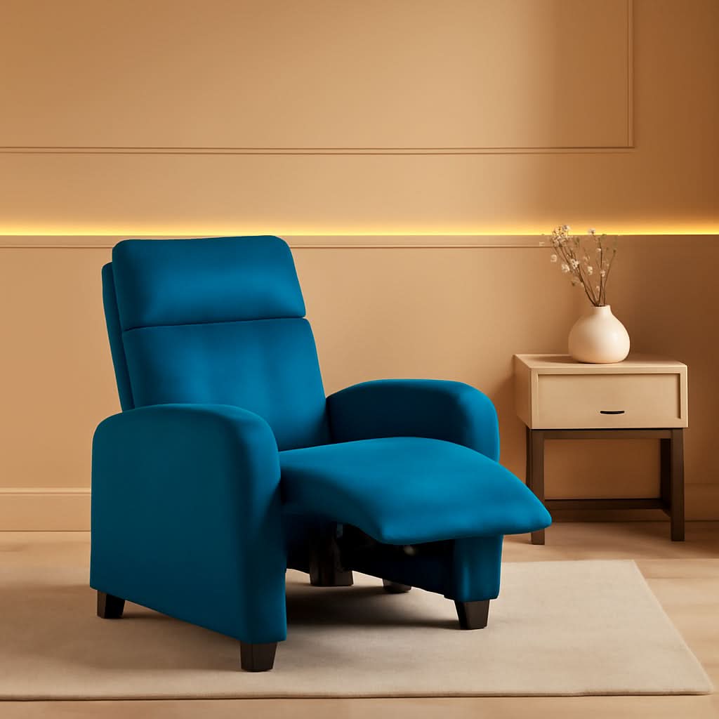 Blue Fabric Pushback Recliner Chair With Soft Armrests