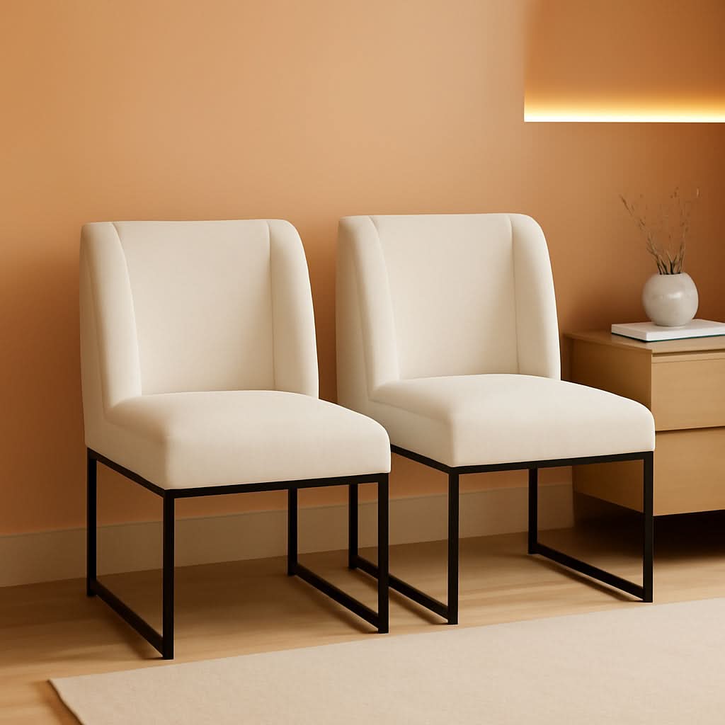 Beige Upholstered Dining Chairs Mid Back With Metal Legs 2