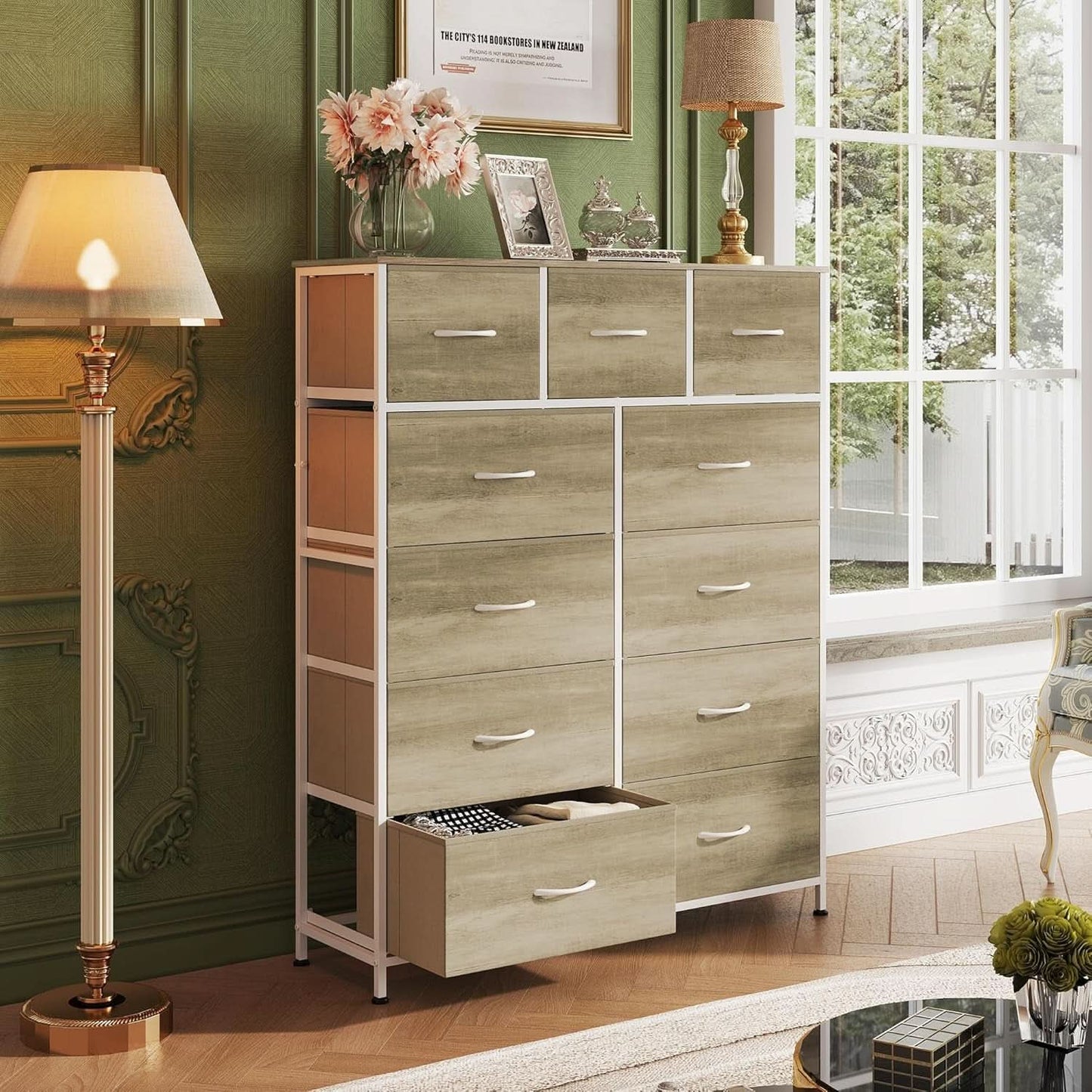 Tall Fabric Dresser Storage Tower 11 Drawer Greige Bedroom
