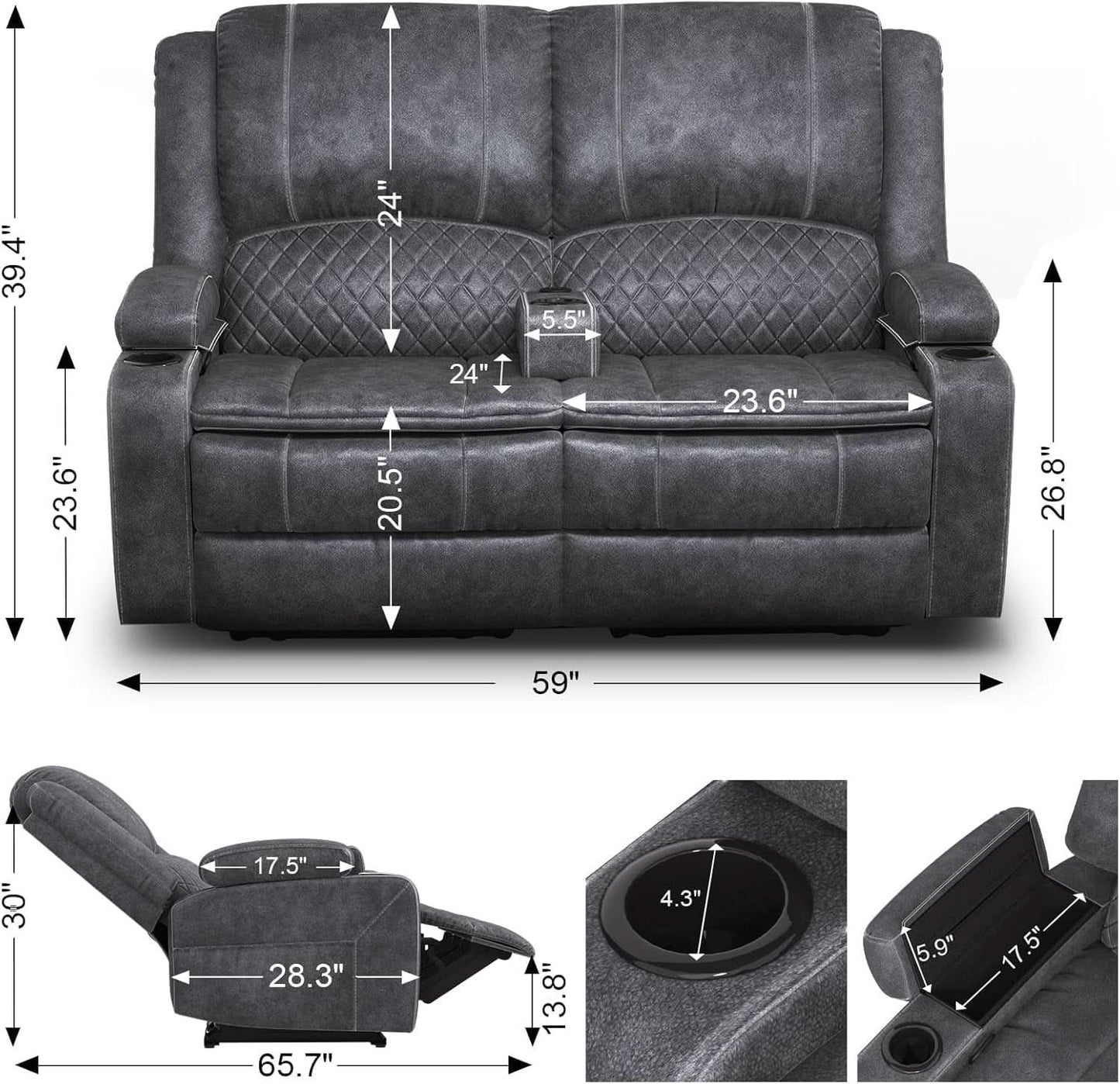 Gray Velvet Manual Recliner Loveseat With USB Ports