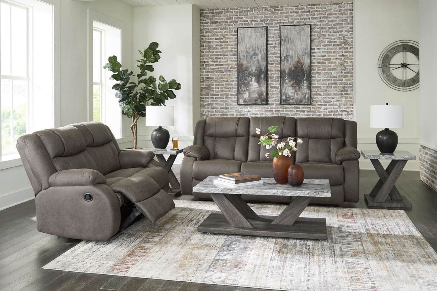 Contemporary Gray Faux Leather Manual Reclining Sofa